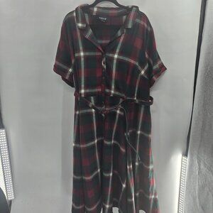 Collectif London Caterina Red Green Plaid Belt Fit Flare Midi Dress Size 26